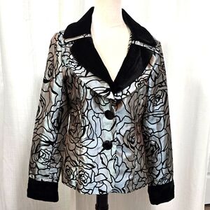 Jerry T Black Velvet Trim Floral Lady‎ Jacket Womens Size S Iridescent Fabric